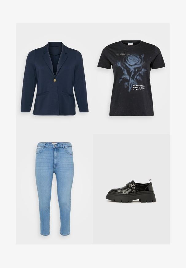 Blazer bleu marine avec un col cranté, fermeture à bouton doré unique et deux poches avant. Tissu doux et lisse avec une forme structurée.; ONLY Carmakoma CARMIKO WASHED SS REG TEE JRS - T-shirt imprimé - black; Jeans skinny taille haute bleu clair avec fermeture à bouton et zip, poches avant et arrière, et coupe à la cheville.; Mocassin en cuir verni noir avec une semelle crantée épaisse, des détails brogués et une bride à boucle argentée franchissant le cou-de-pied.