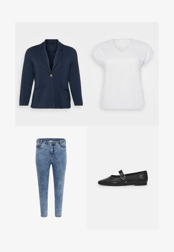 Navyblauwe blazer met een gelapt revers, enkele gouden knoopsluiting en twee voorzakken. Zachte, gladde stof met een gestructureerde vorm.; Witte korte mouwen V-hals T-shirt met een subtiele glanstextuur, met een ontspannen pasvorm en zonder zichtbare patronen of accenten.; Blauwe denim skinny jeans met een hoge taille, vijf zakken en een ritsluiting. De stof heeft een licht vervaagde textuur met contrasterende stiksels.; Zwarte leren platte schoen met een ronde neus, een enkele verstelbare gespsluiting en een gladde, glanzende textuur. Minimalistisch ontwerp met een lage hak.