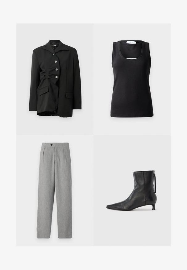 Veste noire au design structuré, avec un grand col, six boutons et une texture froncée à l'avant, ainsi qu'une poche latérale.; Débardeur sans manches noir en tissu côtelé, avec une encolure dégagée et un petit détail découpé à l'avant pour un design supplémentaire.; CLOSED MAWSON - Pantalon classique - mud grey; Bottine en cuir noir à bout pointu, forme structurée et petit talon. Dispose d'une fermeture éclair latérale et d'un design minimaliste.
