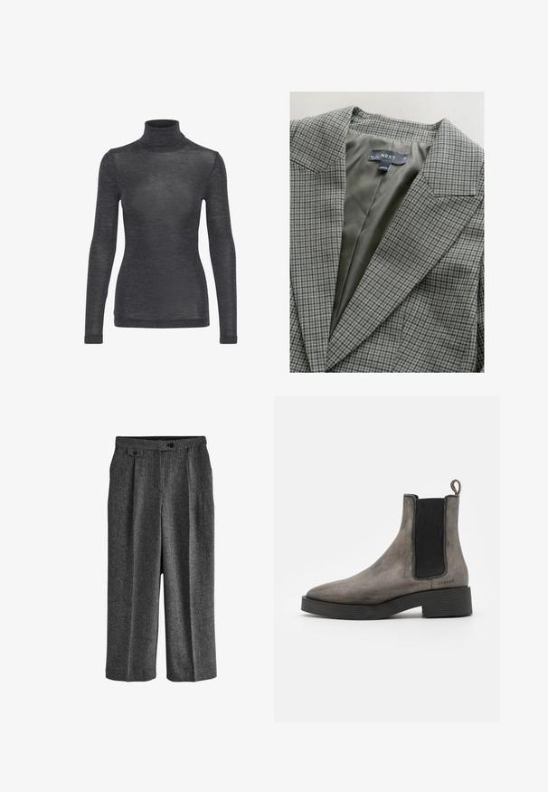 Grijze geruite blazer met scherpe revers, voorzien van een gladde, olijfgroene voering en een label met de naam 'NEXT' binnenin de kraag.; Langharige turtleneck top in donkergrijs, met een zachte textuur en een subtiele glans, in een getailleerde pasvorm.; Hoge taille donkere grijze wijde broek met een textuurstof, knoopsluitingen aan de zijkanten, voorplooien en een knoopsluiting bij de taille.; Grijze leren Chelsea-boot met textuurafwerking, elastische zijkanten, een trekhaak en een zwarte rubberen zool. Slank, taps toelopend ontwerp met minimale accenten.