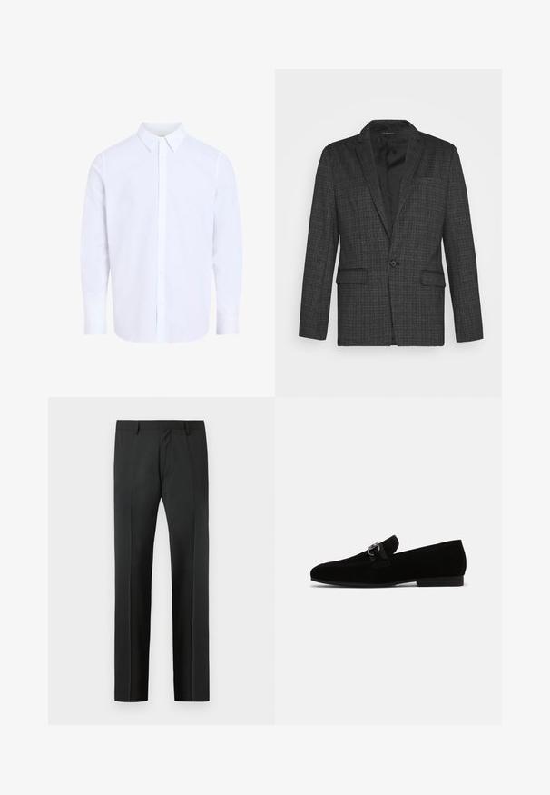 Brave Soul MJK ROCKBLAZE - Blazere - dark grey; Hvid, langærmet skjorte med knapper, klassisk krave, lavet af glat stof, med knapstolpe foran og afrundet kant.; Sorte skræddersyede bukser med bæltestropper og en forreste presning, vist mod en lys grå baggrund.; Sorte ruskinds loafers med lav hæl, der har et stofbånd og dekorativt sølvspænde. Glat tekstur, spidse tådesign.