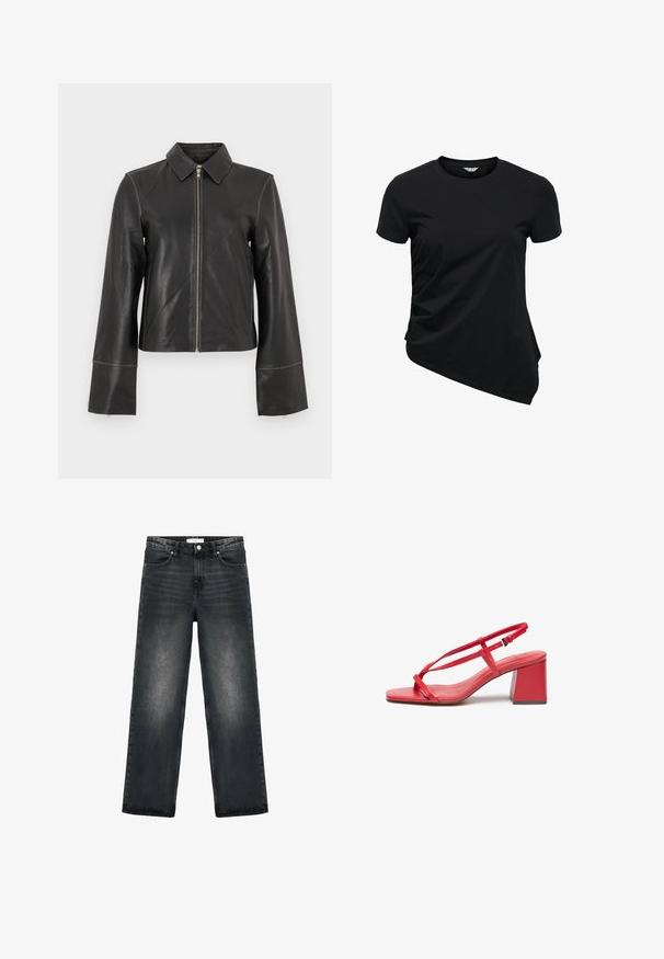 Chaqueta de cuero negro con cuello con solapa, cremallera frontal y mangas largas con forma de campana. Textura lisa con detalles mínimos de costura.; Camiseta negra de manga corta con cuello redondo y bajo asimétrico, ligeramente fruncido en un lado.; Jeans de mezclilla negra con un corte relajado, piernas rectas y un ligero desgaste. Presentan un cierre de botón y un diseño de cinco bolsillos para mayor funcionalidad.; Sandalias rojas de tacón alto con punta cuadrada, tiras delgadas y diseño de tacón ancho. Hechas de cuero suave con un acabado brillante.