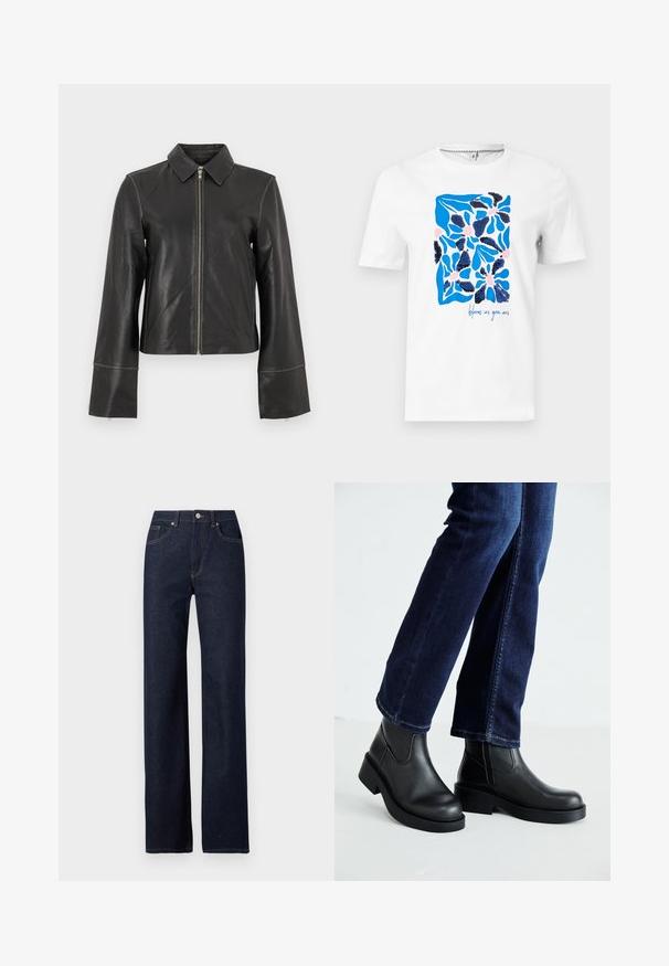 Chaqueta de cuero negro con cuello con solapa, cremallera frontal y mangas largas con forma de campana. Textura lisa con detalles mínimos de costura.; Camisa blanca de manga corta con diseño floral abstracto en azul y rosa y lentejuelas azul marino, texto "florece tal como eres" en la parte inferior derecha.; Vaqueros de mezclilla azul marino con un diseño de pierna recta, estilo clásico de cinco bolsillos, costuras visibles y cierre frontal con botón.; Botas de tobillo de cuero negro con suela gruesa y paneles elásticos laterales, combinadas con jeans azul oscuro. El suelo es de color claro.
