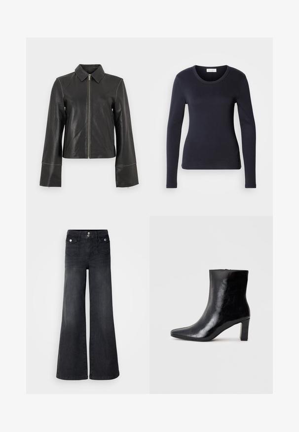 Chaqueta de cuero negro con cuello con solapa, cremallera frontal y mangas largas con forma de campana. Textura lisa con detalles mínimos de costura.; Top ajustado de manga larga negro, fabricado con un tejido suave, con un cuello redondo y un diseño simple, que presenta una pequeña etiqueta en el lado inferior.; Pantalones vaqueros de mezclilla negra de pierna ancha con una cintura alta, botones en la parte frontal y dos bolsillos delanteros; textura suave con un ligero acabado desvanecido.; Botín negro de tobillo hecho de cuero brillante, con punta afilada y un tacón de bloque medio, con una textura suave y un diseño sencillo.