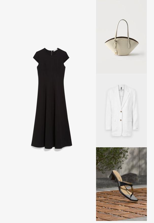 Hvid linned blazer med lange ærmer, to frontlommer og to brune knapper. Har en notch-facet og en enkelt brystlomme.; Sort, knælængde kjole med korte kapærmer, rund halsudskæring og en tætsiddende overdel, der udvider sig mod kanten. Lynlås i ryggen.; Sort hælsandal med tå-loop og gyldent accent, placeret på en træ- og stenbelagt overflade udendørs nær grønne områder.; Lædertaske i cremefarve med bred trapezform, dobbelte skulderremme og guldlogo-tag på en ensartet lys baggrund.