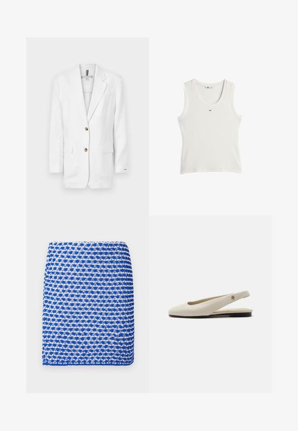 Blazer en lin blanc à manches longues, avec deux poches avant et deux boutons marron. Comprend un col cranté et une poche poitrine.; Débardeur blanc côtelé sans manches avec encolure arrondie et petit logo Tommy Hilfiger au centre de la poitrine.; Écharpe tricotée bleu et blanc à motif, avec un tissage texturé et une forme rectangulaire, composée d'un tissu léger.; Chaussure plate slingback en cuir couleur crème avec un bout arrondi et un petit emblème doré sur la bride.