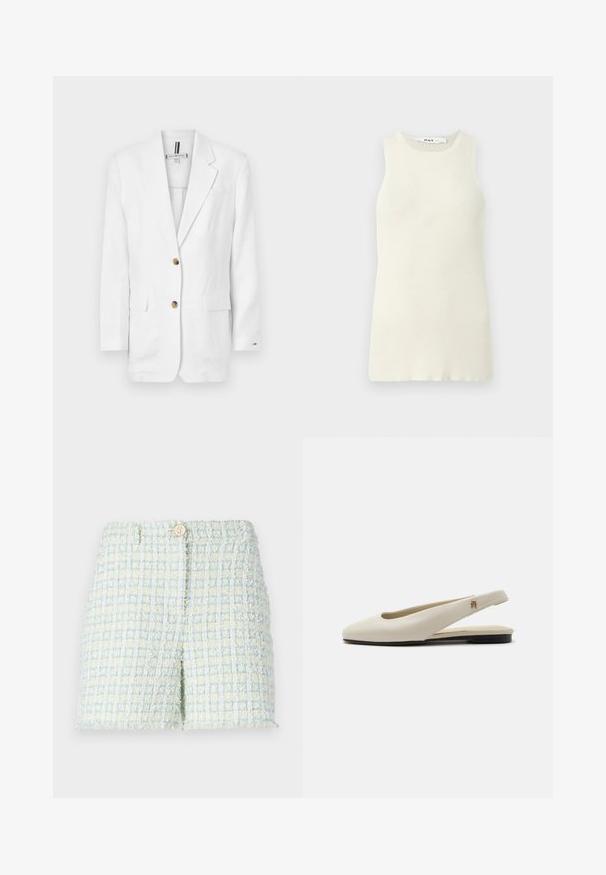 Blazer en lin blanc à manches longues, avec deux poches avant et deux boutons marron. Comprend un col cranté et une poche poitrine.; Débardeur sans manches couleur crème en tissu côtelé, avec un col rond et une coupe près du corps. Aucun motif ni accent visible.; Shorts en tweed de couleur bleu clair et jaune pâle avec un motif à grille texturé. Dotés d'une fermeture à bouton à l'avant et d'une coupe ajustée.; Chaussure plate slingback en cuir couleur crème avec un bout arrondi et un petit emblème doré sur la bride.