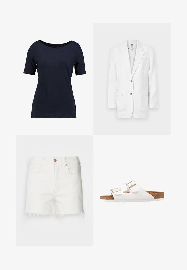 Weißer Leinenblazer mit langen Ärmeln, zwei frontalen Taschen und zwei braunen Knöpfen. Verfügt über einen Reverskragen und eine einzelne Brusttasche.; Kragenloses T-Shirt aus Baumwolle in Marineblau mit kurzen Ärmeln. Es verfügt über einen U-Boot-Ausschnitt und einen lockeren Schnitt mit seitlichen Schlitzen für mehr Bewegungsfreiheit.; Weiße Denim-Shorts mit einem ausgefransten Saum, fünf Taschen, und einem braunen Knopfverschluss. Glatte Textur, mittlere Taillenhöhe, lässiger Schnitt.; Weiße Gummisandalen mit zwei verstellbaren Riemen, goldenen Schnallen und einem braunen Korkfußbett. Strukturiertes Profil für besseren Grip, minimalistisches Design.