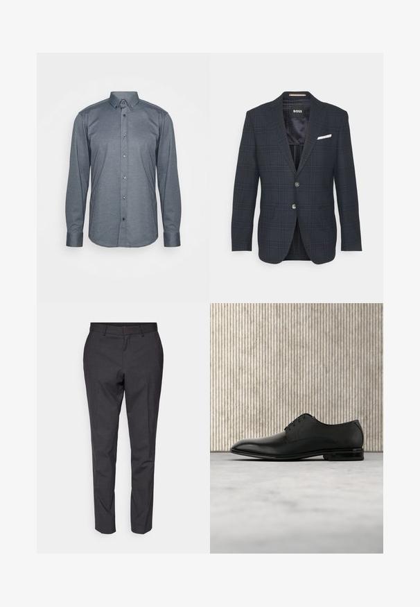 BOSS HUTSON - Blejzrové sako - dark blue; Košeľa s dlhým rukávom v tmavošedej farbe, s golierom, prednými gombíkmi a manžetami. Hladká textúra a priliehavý strih.; Šedé strihové nohavice s hladkou textúrou, slim fit a zúženými nohavicami, s plochým predným dielom a pútkami na opasok pre doplnkový detail.; Čierna kožená spoločenská obuv s hladkým, lešteným povrchom a textúrovaným horným dielom, so šiestimi dierkami na šnurovanie a okrúhlym špicom.