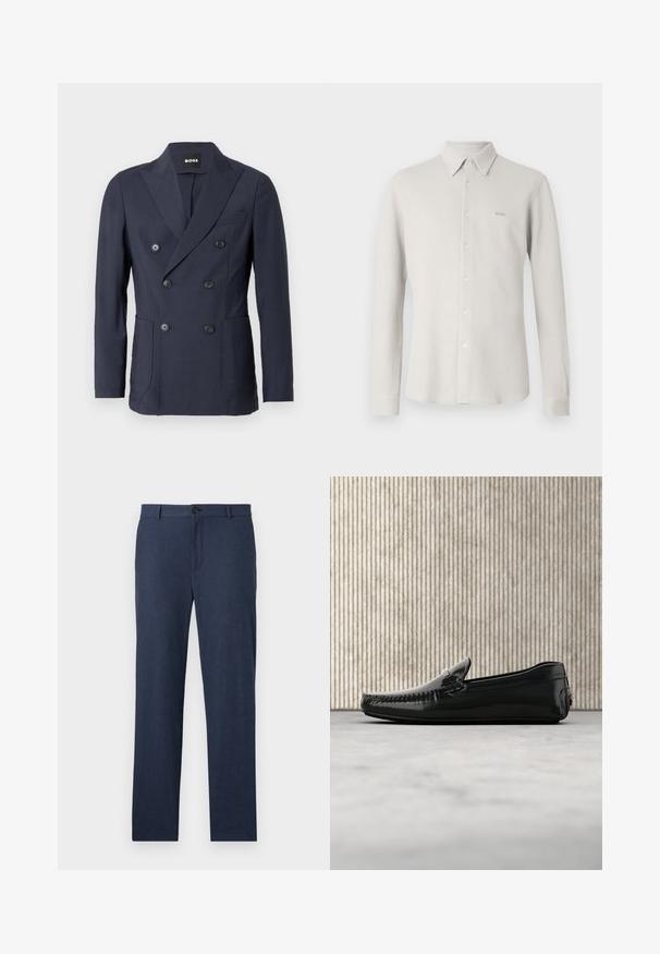 Blazer croisé bleu marine en tissu lisse. Comprend un col à revers cranté, deux poches avant et six boutons noirs pour la fermeture.; Chemise gris clair boutonnée avec un tissu texturé, col et manches longues ; présente un logo "BOSS" subtil sur la poitrine.; Pantalon bleu marine en tissu texturé avec une coupe droite, présentant une fermeture à bouton à l'avant et sans poches visibles.; Mocassins en cuir noir avec une finition brillante, bout rond et quincaillerie décorative à l'avant. Semelle en caoutchouc à profil bas. Texture lisse.