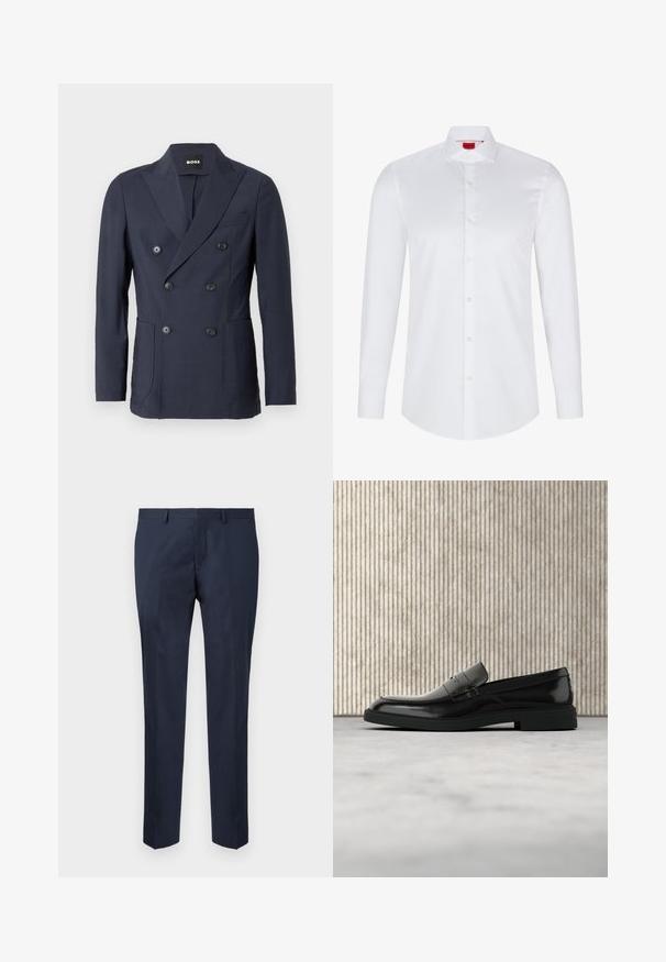 Navy dubbelbreasted blazer gemaakt van gladde stof. Voorzien van ingesneden revers, twee voorzakken en zes zwarte knopen als sluiting.; Witte lange mouwen knoopsluiting shirt gemaakt van soepel katoen. Beschikt over een klassieke kraag, volledige knoopsluiting en afgeronde zoom.; Marineblauwe op maat gemaakte broek, gemaakt van een gladde stof. Kenmerkt zich door een recht model met een platte voorkant en zijzakken.; Zwarte gepolijste leren loafer die boven een beige tapijt zweeft met oranje doorschijnend meubilair op de achtergrond.