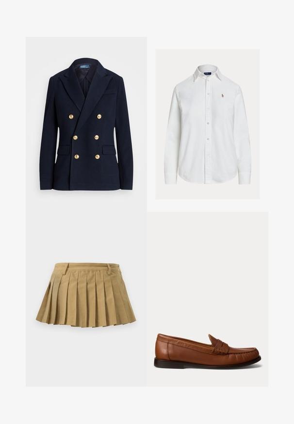 Tmavomodré dvojradové sako so šiestimi zlatými gombíkmi, zárezovými klopami, klopovými vreckami a štítkom Polo by Ralph Lauren vo vnútri goliera.; Biela košeľa s dlhými rukávmi na gombíky, golierom a malým vyšívaným logom na ľavej strane hrude, zobrazená na jednoduchom pozadí.; Plisovaná sukňa z béžovej tkaniny, s priliehavým pásom, viacerými plisami a rovno strihaným spodným okrajom. Žiadne viditeľné zapínanie ani dekorácie.; Hnedý kožený mokasín s nízkym čiernym opätkom, šitím moc toe a dekoratívnym pásikom na vrchu, zobrazený na bielom pozadí.