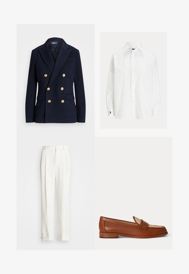 Marineblå dobbeltradet blazer med seks gyldne knapper, hakrevers, klaplommer og en Polo by Ralph Lauren label inde i kraven.; Hvid langærmet skjorte med knapper og spids krave samt mørkeblå broderet logo på venstre manchet.; Hvide skræddertrousers med to frontplisseringer, lige snit og opfoldede kanter. Fremstillet af glat stof og har et klassisk design.; Brun læderloafer med vævet beige panel på toppen, lavt træhæl og traditionelt penny-strap design på hvid baggrund.