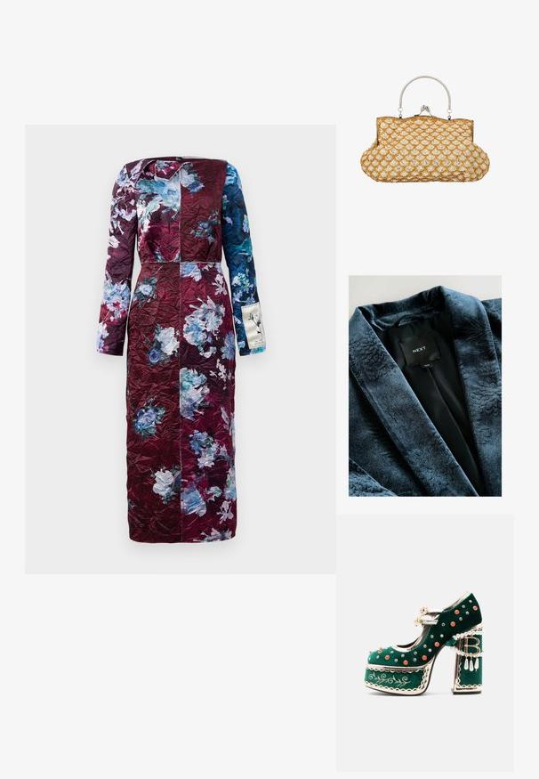Robe en velours bleu foncé avec un motif floral gaufré, doublure en satin et étiquette cousue affichant "NEXT." Texture douce et design luxueux.; Robe à manches longues avec motif floral en bourgogne et bleu. Matériau texturé, coupe droite et léger éclat. Présente un accent de label sur le côté.; Chaussure à plateforme en velours vert avec des clous décoratifs rouges et argentés, des brides en perles, une bordure dorée, une broderie et un talon bloc avec des perles pendantes et un charme "B".; Pochette vintage à main avec un motif en perles dorées et de perles formant des motifs en coquille, cadre en métal argenté et fermoir.