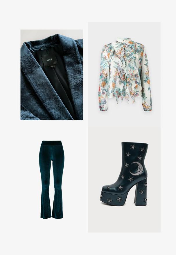 Robe en velours bleu foncé avec un motif floral gaufré, doublure en satin et étiquette cousue affichant "NEXT." Texture douce et design luxueux.; Blouse à manches longues ornée d'un imprimé botanique coloré et de tigres, avec des volants superposés à l'avant et un col montant boutonné sur un tissu léger.; Pantalon évasé couleur sarcelle en velours doux, doté d'une taille haute et d'une texture lisse, se rétrécissant vers l'ourlet avec de légères ouvertures.; Botte noire à plateforme avec talon bloc, décorée d'étoiles brodées argentées et d'un croissant de lune sur le côté.
