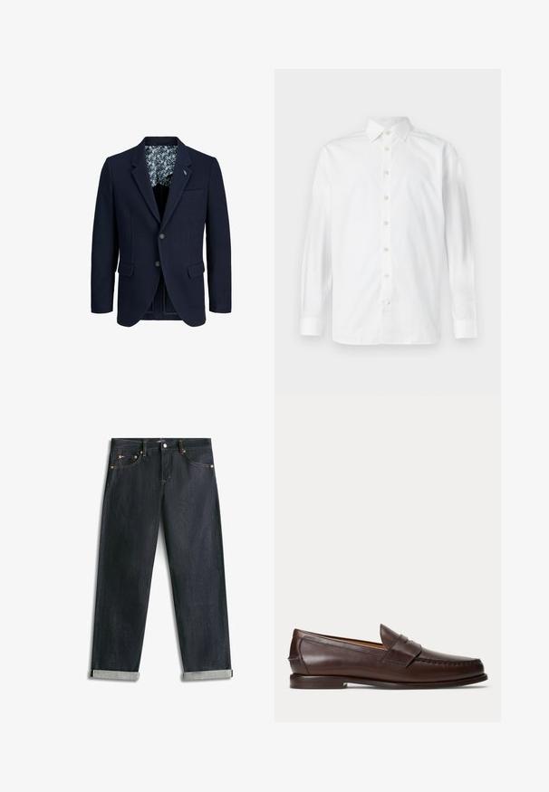 Marineblazer gemaakt van gestructureerde stof, met twee voorkezen, twee knopen en een bloemenpatroon aan de binnenvoering.; Wit overhemd met lange mouwen, knoopsluiting, spreidkraag en knoopmanchetten, weergegeven op een effen witte achtergrond.; Donkerblauwe spijkerbroek met omgeslagen boorden, vijf zakken en contrasterende stiksels, plat uitgespreid op een witte achtergrond.; Donkerbruine leren penny loafer met stikseldetails en lage gestapelde hak, van opzij gezien op een effen achtergrond.