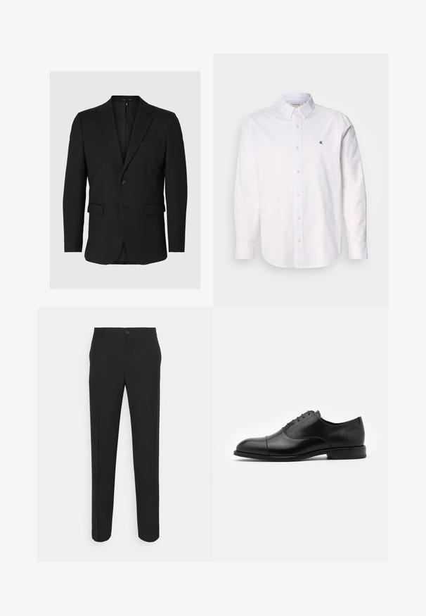 Sort blazer af glat stof. Har en enkelt knaplukning, hakkede revers, to forlommer og et elegant, skræddersyet design.; Hvid skjorte med knappelukning lavet af bomuld, med klassisk krave, lange ærmer og et lille CK-logo på venstre bryst. Glat tekstur.; Sorte skræddersyede bukser med lige snit, der har en enkelt knaplukning og bæltestropper. Glat, mat stof uden mønstre.; Sorte læderdress sko med rund tå, snørebåndsdesign og diskrete syninger. Har en lav hæl og glat tekstur.