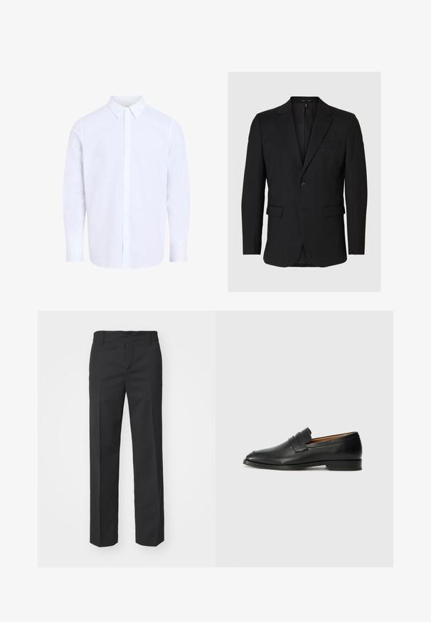 Schwarzer Blazer aus glattem Stoff. Verfügt über einen Ein-Knopf-Verschluss, Revers mit Kerbe, zwei Fronttaschen und ein elegantes, tailliertes Design.; Weißes Hemd mit langen Ärmeln und klassischem Kragen, aus glattem Stoff gefertigt, mit durchgehendem Knopfleistenverschluss und abgerundetem Saum.; Filippa K TROY TROUSERS - Stoffhose - black; Schwarze Leder-Slipper mit runder Zehenform, dezenten gestickten Details und niedrigem Absatz, ausgestattet mit glatter Textur und minimalistischem Design.