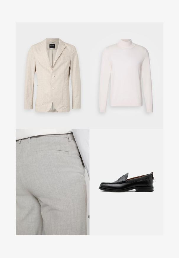 Blazer beige clair avec un tissu texturé, des revers en pointe, deux poches avant et deux boutons. L'intérieur présente une doublure contrastante.; Pull à col roulé rose clair avec des manches longues, texture douce, col et poignets côtelés, présentant un design classique et ajusté.; Pantalon gris clair sur mesure en tissu texturé, avec une seule poche arrière et des coutures nettes.; Mocassin homme en cuir noir avec couture moc toe, bride penny, col texturé et petit talon empilé sur fond blanc.