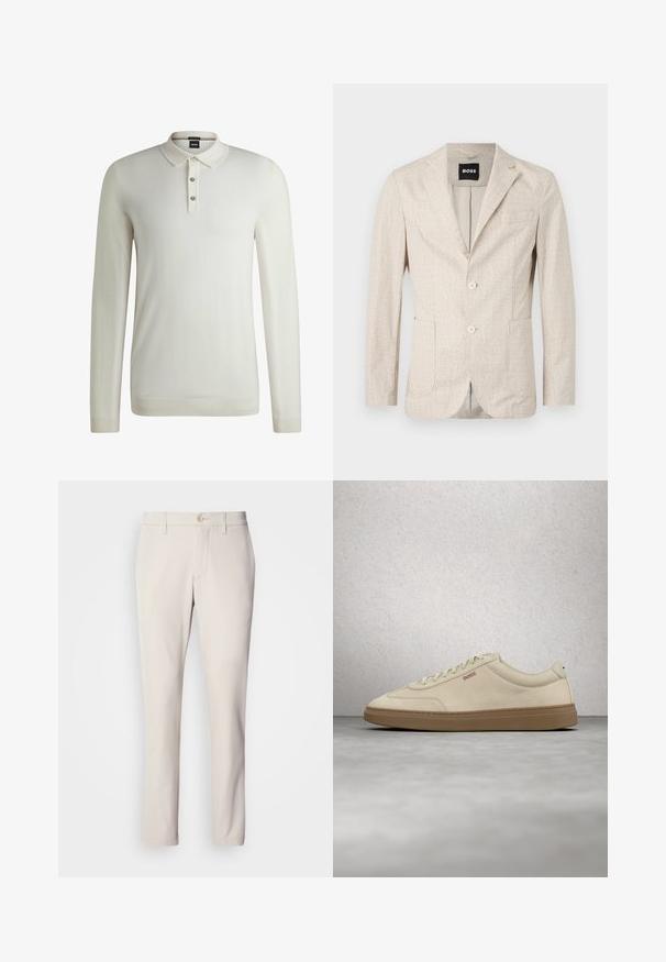 Lichtbeige blazer met een gestructureerde stof, notch-kleppen, twee voorzakken en twee knopen. De binnenzijde heeft een contrasterende voering.; BOSS LANCIONE - Trui - open white eleven; Beige broek met een slim fit, voorzien van een sluiting met een voorste knoop, een vlakke voorkant en een rechte pijp, gemaakt van een gladde katoenmix.; Lichtbeige suède sneaker met een zool van gumrubber, opvallende veters en subtiele stikdetails. Strak ontwerp met een minimalistische uitstraling.