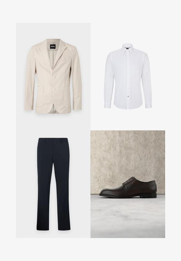Blazer beige clair avec un tissu texturé, des revers en pointe, deux poches avant et deux boutons. L'intérieur présente une doublure contrastante.; Chemise blanche à manches longues avec col boutonné, présentant une rangée de petits boutons et un accent de bouton contrastant.; Pantalon habillé noir à jambes droites pour homme avec passants de ceinture et fermeture éclair à l'avant, présenté sur un fond clair uni.; Chaussure habillée en cuir marron avec un bout arrondi, des coutures minimales et une finition lisse. Elle présente un faible talon et un design de laçage simple.