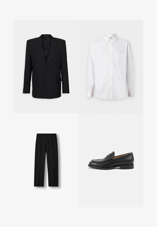 Filippa K TAILORED BLAZER - Blazerjasje - black; Witte lange mouwen knoop-overhemd met een kraag en borstzak, weergegeven op een effen lichte achtergrond.; Zwarte rechte broek met voorplooien, knoopsluiting in de taille en zijzakken op een effen witte achtergrond.; Zwarte leren herenloafer met gestikte details, lage gestapelde hak en een smalle band over de bovenzijde, zijaanzicht op een witte achtergrond.