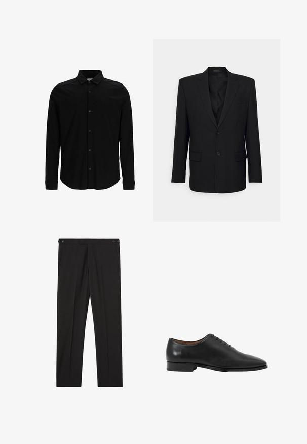 Filippa K TAILORED BLAZER - Veste de costume - black; Chemise noire à manches longues en tissu lisse, dotée d'un devant à boutons, d'un col et d'un logo brodé subtil sur la poitrine.; Pantalon noir sur mesure avec boutons latéraux à la taille, plis devant et jambes droites, adapté pour une tenue formelle ou de bureau.; Chaussure Oxford formelle pour homme en cuir noir avec laçage fermé et talon bas, présentée en profil latéral sur fond blanc.