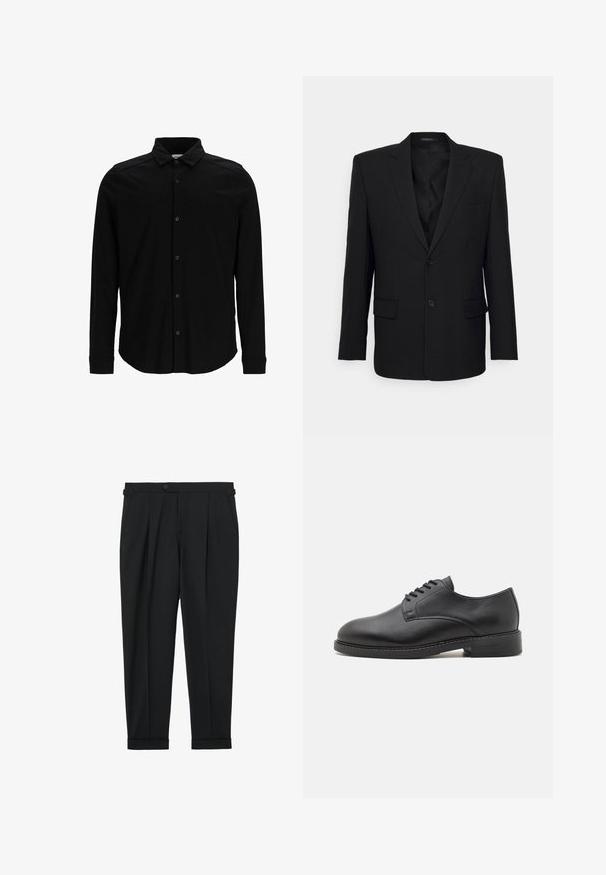 Filippa K TAILORED BLAZER - Sakko - black; Schwarzes Langarmhemd aus glattem Stoff, mit einer durchgehenden Knopfleiste, Kragen und dezentem besticktem Logo auf der Brust.; Schwarze, maßgeschneiderte Hose mit Vorderfalten, seitlichen Taschen, Knopfverschluss und umgeschlagenen Säumen.; Schwarze Leder-Oxfordschuhe mit runder Zehenform, glatter Oberfläche, fünf Ösen für die Schnürung und niedrigem, gestapeltem Absatz.