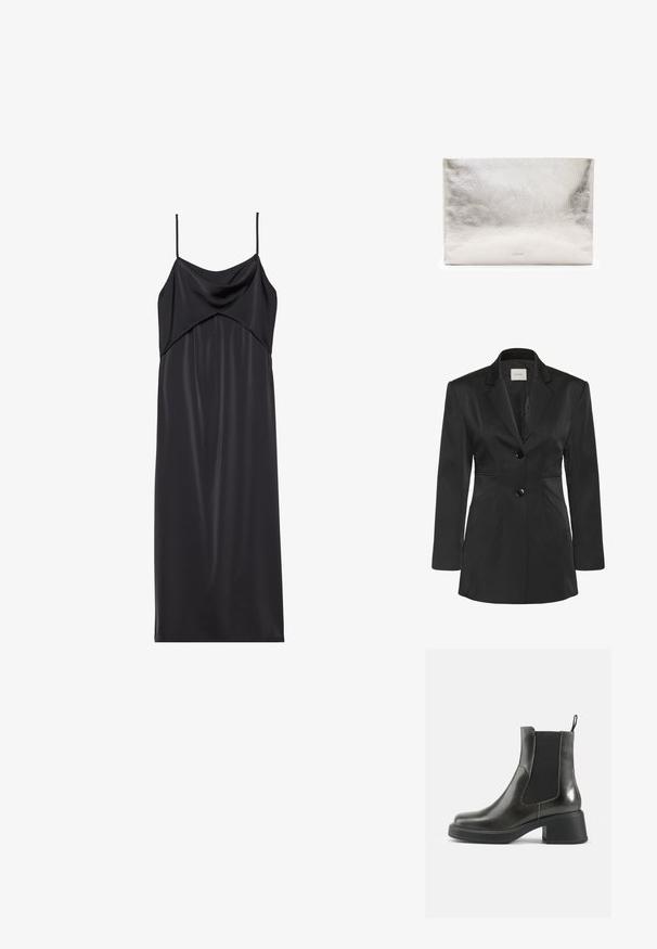Sort skræddersyet blazer lavet af glat stof. Med spidse revers, to forreste knapper og sømdetaljer for struktur og form.; Sort satin slip kjole med tynde spaghetti stropper, en draperet halsudskæring og en lige silhuet. Glat tekstur og minimalistisk design.; Sorte læder ankelstøvler med en glat finish, elastiske sidepaneler og en kraftig hæl. Har en strop for nemmere påtagning.; Sølv læder clutchtaske, rektangulær form, struktureret overflade med rynket finish, subtilt brandlogo i bunden.