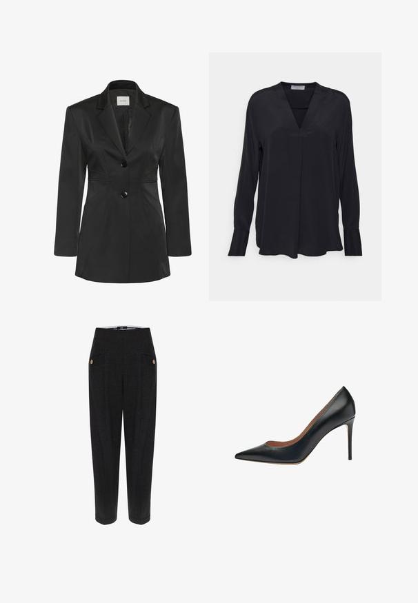Blazer negro ajustado hecho de una tela suave. Con solapas puntiagudas, dos botones frontales y costuras que aportan estructura y forma.; Blusa negra de manga larga hecha de tela suave. Presenta un escote en V y un corte relajado con un sutil pliegue en la parte delantera. Mangas con puños.; Pantalones negros a medida con un tejido texturizado, que presentan bolsillos frontales, acentos de botones en tono dorado y una silueta ajustada.; Scarosso GRETA - Zapatos altos - black calf