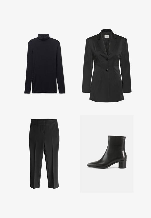 Blazer negro ajustado hecho de una tela suave. Con solapas puntiagudas, dos botones frontales y costuras que aportan estructura y forma.; Camiseta negra de manga larga con cuello alto, corte ajustado y tela suave, colocada plana sobre un fondo blanco.; Pantalones negros ajustados con una textura suave, que presentan una cinturilla ancha, dos bolsillos laterales y aberturas en el dobladillo para un acabado moderno.; Bota de tobillo de cuero negro con punta puntiaguda y tacón de bloque de altura media. Textura lisa y diseño minimalista. Sin herrajes visibles.