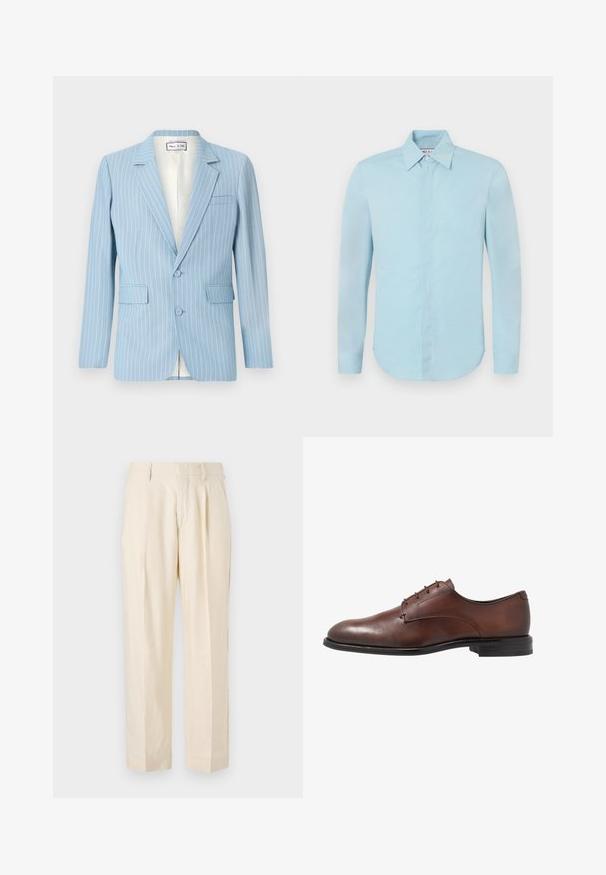 Paul & Joe VVIVIAN - Blazere - bleu; Paul & Joe COSMA - Skjorter - bleu; NN.07 KAY - Bukser - off white; Brune læder dress sko med en glat finish, rund tå, fire snørehuller og en lav sort gummihæl. Enkel design uden mønstre.