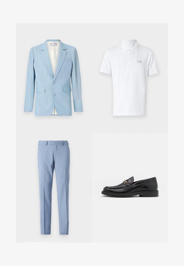 Paul & Joe VVIVIAN - Blazere - bleu; Hvid polo skjorte lavet af bomuld. Har en klassisk krave, tre-knap placket og en lys grå EA7-logo på brystet. Korte ærmer.; Lyseblå skræddersyede bukser med fladt foran, sidelommer, bæltestropper og lige ben på en ensfarvet baggrund.; Sorte læder loafers med en rund tå, der har guld hardware accent og syningsdetaljer, placeret på en lav, tekstureret gummisål.