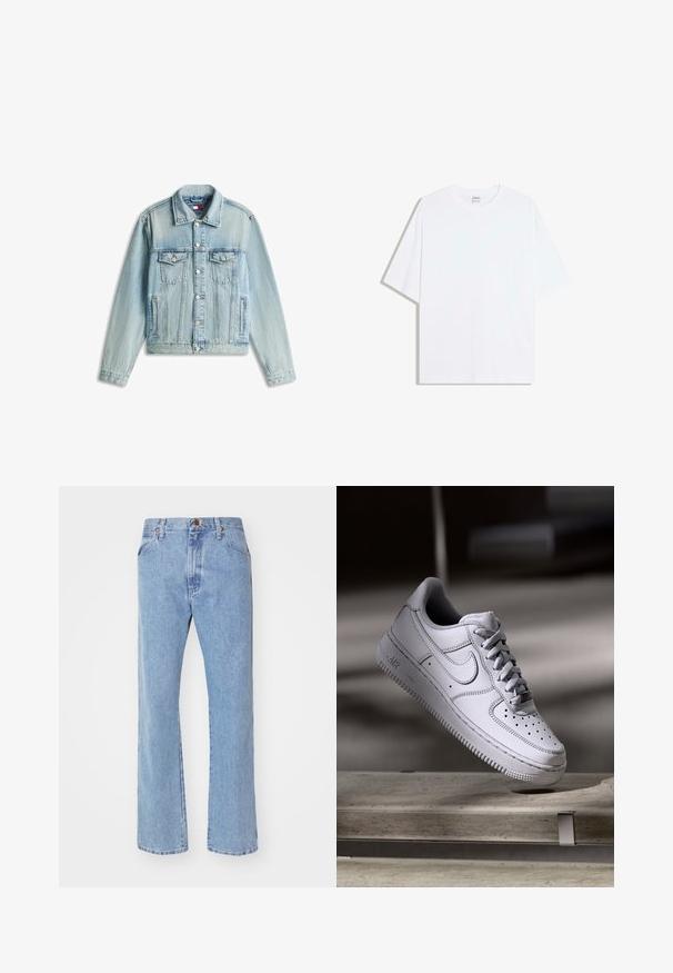 Hellblaue Jeansjacke mit Knopfleiste, zwei Brustklappen- und seitlichen Einschubtaschen, flach auf weißem Hintergrund liegend.; Weißes, übergroßes Baumwoll-T-Shirt mit rundem Ausschnitt und kurzen Ärmeln; glatte Textur, keine sichtbaren Muster oder Akzente.; Hellblaue Jeans mit geradem Bein, Frontknopf- und Reißverschluss, Gürtelschlaufen und normalen Vordertaschen.; Weißer Nike Air Force 1 Sneaker aus Leder mit perforierter Zehenpartie, flachen Schnürsenkeln und strukturierter Gummisohle mit "AIR"-Branding an der Seite.