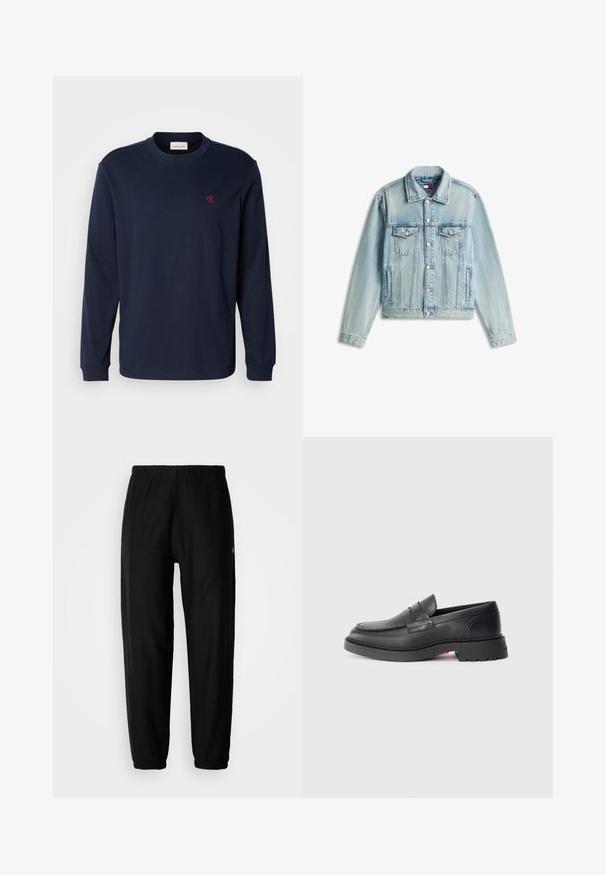 Lyseblå denimjakke med knappelukning foran, to brystlommer med klap, og sidelommer til hænder, lagt fladt ud på hvid baggrund.; Mørkeblå langærmet crewneck-shirt med lille rød "cK" logo på venstre bryst og ribbede manchetter.; Sorte træningsbukser med elastisk talje, tapered ben og manchetter. Glat stoftekstur. Logo detalje på siden.; Sorte læder loafers med en rund tå, en hævet søm og en tyk gummisål. Enkel design med minimal branding på siden.