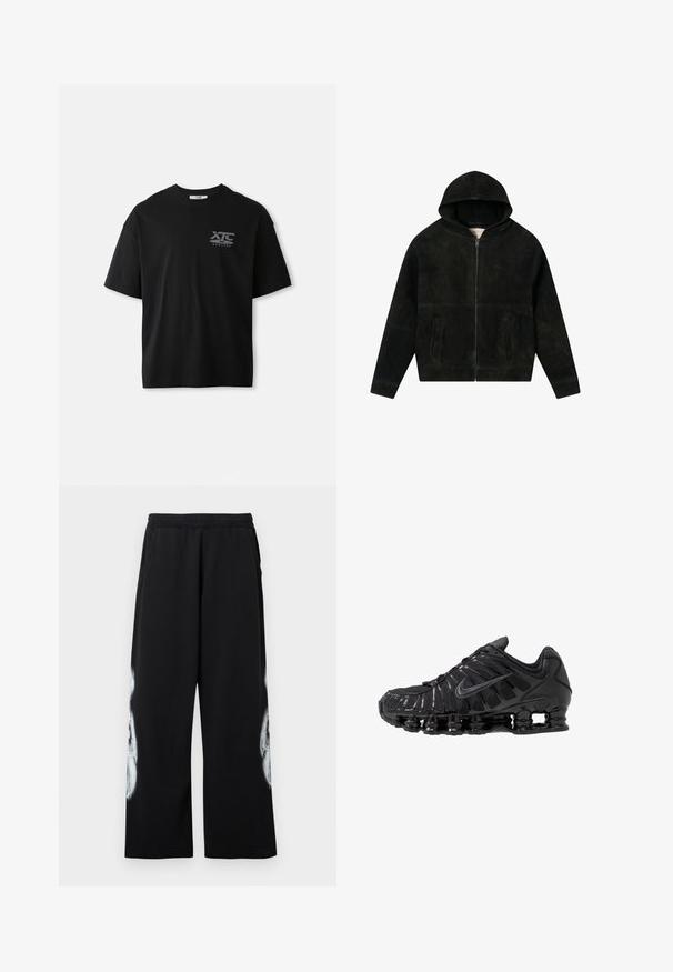 Schwarze Wildleder-Zip-Hoodie mit vorderen Taschen und weichem Innenfutter, flach auf einem weißen Hintergrund ausgestellt.; Schwarzes Kurzarm- Baumwoll-T-Shirt mit Rundhalsausschnitt und einem weißen Logo "XTC VERTERE" auf der linken Brustseite. Glatte Textur.; Schwarze Jogginghose mit elastischem Bund, Seitentaschen und einem großen weißen grafischen Motiv am äußeren Bein. Baumwollmaterial, lockere Passform.; Schwarze Sportschuhe aus Mesh- und synthetischen Materialien mit einem markanten wellenförmigen Design, schwarzer Gummisohle und reflektierenden Akzenten.