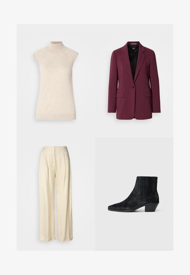 Bordeaux blazer gemaakt van soepel materiaal, met een enkele knoopsluiting, gegoten revers en twee voorzakken. Voering zichtbaar.; Beige hooggesloten mouwloze top, gemaakt van zachte, gestructureerde stof. Beschikt over raglan-schouderpassen en een getailleerde pasvorm. Geschikt voor gelaagde outfits.; Crèmekleurige zijden broek met hoge taille, plooien, brede pijpen en een verborgen rits aan de voorkant, afgebeeld tegen een effen witte achtergrond.; Zwarte enkelboot met een spitse neus, textuur die lijkt op haar, ribbelpaneel aan de zijkant en een lage blokhak. Eenvoudig en modern ontwerp.