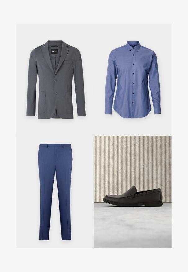 Blazer gris de tejido suave, con solapa de muesca, dos bolsillos frontales, un bolsillo en el pecho y dos botones. Diseño simple y limpio.; Camisa azul de manga larga con cuello puntiagudo y botones negros en la parte delantera, exhibida sobre un fondo blanco.; Pantalones de vestir para hombre en azul, ajustados, con trabillas para cinturón, cremallera en la parte delantera y detalles de plisado, exhibidos sobre un fondo blanco.; Mocasín de cuero marrón oscuro tipo slip-on con suela de goma blanca y detalles cosidos, mostrado de lado sobre un fondo neutro.