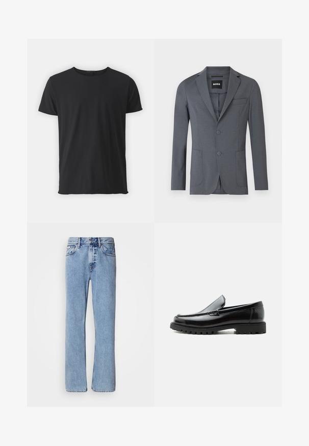 Grijze blazer van gladde stof, met een notch lapel, twee voorzakken, een borstzak en twee knopen. Eenvoudig, strak ontwerp.; Zwarte korte mouwen t-shirt gemaakt van zacht katoen, met een klassieke ronde halslijn en een gladde textuur, met een rechte snit.; Lichtblauwe denim jeans met een recht ontwerp, vijf zakken en een knoopsluiting. Stikdetails nabij de zakken en de tailleband.; Zwarte leren loafer met dikke rubberen zool, gestikte bovenkant en gegraveerde merknaam op de hiel, zijaanzicht op witte achtergrond.