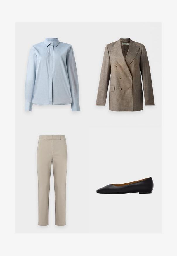 Bruine dubbelgeknoopte blazer met inkepingrevers, zes knopen, klepzakken en een gestructureerde linnenachtige stof, getoond op een witte achtergrond.; Lichtblauw overhemddesign met een kraag, lange mouwen, een voorste sluiting en een gladde stoftextuur. De onderkant is licht gebogen.; MM by MaxMara EFFETTO - Broek - sand; Zwarte leren puntschoen met lage hak en gladde afwerking, zijaanzicht op een lichtgrijze achtergrond.