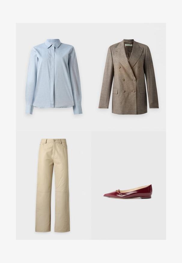 Brun dobbeltradet blazer med hakkede revers, seks knapper, klaplommer og et tekstureret linnedlignende stof, vist på hvid baggrund.; Lysblå skjorte med knaplukning, der har krave, lange ærmer, en frontplacket og en glat stofstruktur. Nederkanten er let buet nederst.; Beige vidde bukser med forreste knap- og lynlåslukning, bæltestropper og to forlommer, vist mod en hvid baggrund.; Bordeaux patenteret læderballerinaer med spids tå, der har en lille udskæring og en lav hæl. Glat tekstur og elegant design.