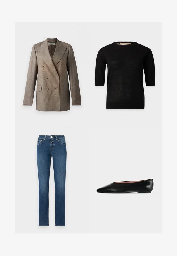 Brauner zweireihiger Blazer mit Kerbklappen, sechs Knöpfen, Pattentaschen und einem strukturierten, leinenähnlichen Stoff, dargestellt auf weißem Hintergrund.; Schwarzes Strick-Top mit kurzen Ärmeln, rundem Ausschnitt und geradem Saum, auf weißem neutralem Hintergrund dargestellt.; Dunkelblaue Jeans aus Denim mit geradem Bein, klassischem Fünf-Taschen-Design und einem Reißverschluss mit Knopfverschluss. Abgenutzte Details im Stoff.; Schwarzer flacher Damenleder-Schuh mit spitzer Kappe und niedrigem Absatz, von der Seite auf einfarbigem hellgrauem Hintergrund gezeigt.