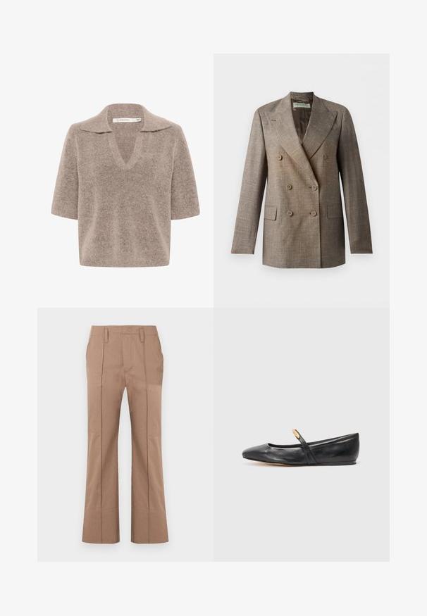 Blazer marrón de doble botonadura con solapas con muesca, seis botones, bolsillos con solapa y una tela texturizada similar al lino, exhibido sobre un fondo blanco.; Suéter beige de manga corta con escote en V, hecho de un material de punto suave, con un diseño de cuello y un corte relajado.; Pantalones beige de pierna recta con pliegues delanteros, trabillas para cinturón y cintura alta, mostrados sobre un fondo blanco.; Bailarina de cuero negro con punta afilada, cinta delgada y un pequeño detalle dorado cerca de la cinta. Textura suave y tacón bajo.
