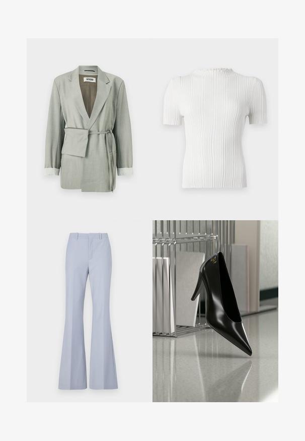 Blazer gris clair à coupe décontractée, avec une taille ceinturée, un col châle et des accents de poignets rayés. Tissu lisse avec des bords-tailleur.; Top blanc à manches courtes côtelé avec un col haut et une finition texturée. Présente des lignes verticales subtiles et une silhouette ajustée.; Pantalons évasés bleu clair avec une texture lisse, dotés d'un devant plat, de deux poches latérales et d'une ceinture propre.; Chaussure noire à talon haut avec bout pointu et logo doré, posée sur une surface réfléchissante près d'un organiseur de dossiers en fil chromé contenant des documents.