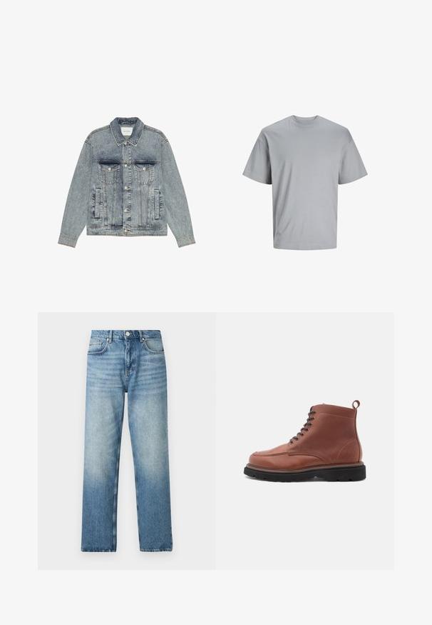 Lyseblå denimjakke med klassisk pasform, sølvfarvede knaplukninger, brystlommer, sidelommer og synlige søm detaljer.; Lysegrå kortærmet t-shirt lavet af glat bomuldsstof, med rund hals og en afslappet pasform uden synlige mønstre eller logoer.; Lyseblå denimjeans med lige pasform, med knaplukning, fem lommer og diskret afdækning nær kanten. Flad tekstur.; Brune læder ankelstøvler med rund tå, snørebånd foran og struktureret overflade, der har en pull-tab og en robust sort sål.