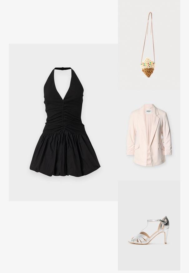 Lichtroze op maat gemaakte blazer met inkeping revers, twee klepzakken aan de voorkant en driekwart mouwen, gepresenteerd op een witte achtergrond.; Zwarte halterjurk met een diepe V-halslijn, geplooide lijfje en een uitlopende rok. Gemaakt van zachte stof met een gladde textuur en een trekkoorddetail.; Zilveren sandaal met hoge hak, T-bandje, enkelgesp en meerdere dunne voorste bandjes op een witte achtergrond.; Klein hangend tasje in de vorm van een ijsje hoorntje, gemaakt van beige en bruine kralen met kleurrijke kraalaccenten, aan een dun gedraaid koord.