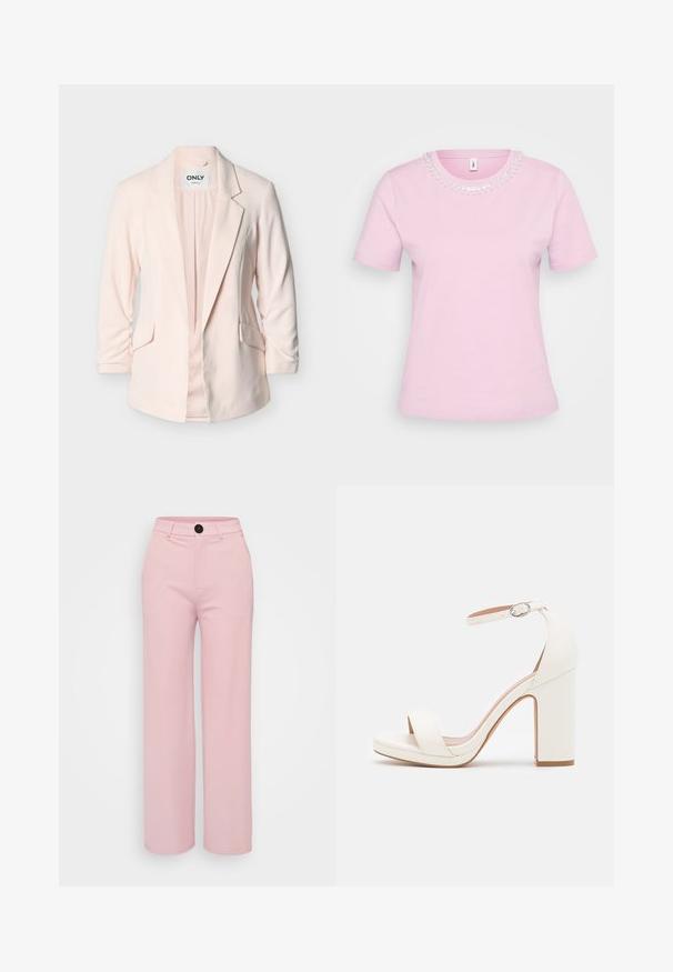 Lys pink skræddersyet blazer med hakkrave, to forlommer med klap og trekvart ærmer, vist på hvid baggrund.; Lyserød T-shirt med korte ærmer og rund halsudskæring, udsmykket med dekorative perler og palietter omkring kraven. Blød bomuldsblanding.; Lys rosa bred benbukser med en glat tekstur, der har en sort knap og et klassisk talje design. Ingen ekstra lommer synlige.; Hvide højhælede sandaler med ankelrem, minimalistisk design, åben tå, blokhæl og glat lædertekstur.