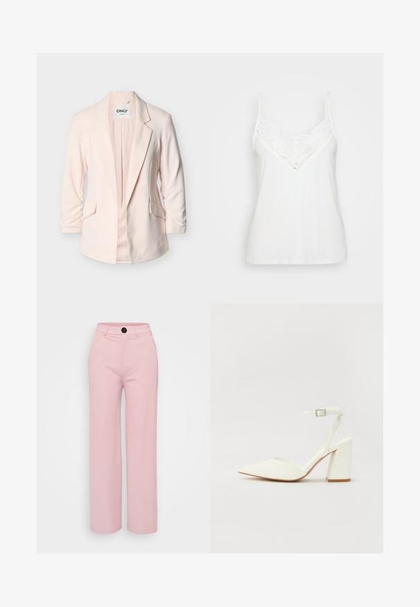 Veste blazer rose clair ajustée avec revers crantés, deux poches avant à rabat et manches trois-quarts, affichée sur fond blanc.; Débardeur blanc à fines bretelles, avec un décolleté en V en dentelle et une texture lisse. Forme simple et ajustée sans motifs supplémentaires.; Pantalons large en rose clair avec une texture lisse, dotés d'un bouton noir et d'une taille classique. Aucune poche supplémentaire visible.; Sandale blanche à talon avec un bout pointu, sangle de cheville réglable et un talon carré épais. Texture lisse avec des détails de couture minimaux.