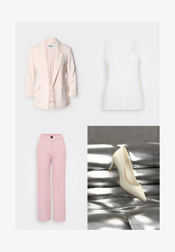 Lichtroze op maat gemaakte blazer met inkeping revers, twee klepzakken aan de voorkant en driekwart mouwen, gepresenteerd op een witte achtergrond.; Witte tanktop met dunne bandjes, voorzien van een kant V-halsontwerp en een gladde textuur. Eenvoudige, getailleerde vorm zonder extra patronen.; Lichtroze wijde broek met een gladde textuur, voorzien van een zwarte knoop en een klassiek ontwerp van de tailleband. Geen extra zakken zichtbaar.; Enkele crème kleurige hoge hak schoen rustend op een glimmende zilveren leren capitonne bank.