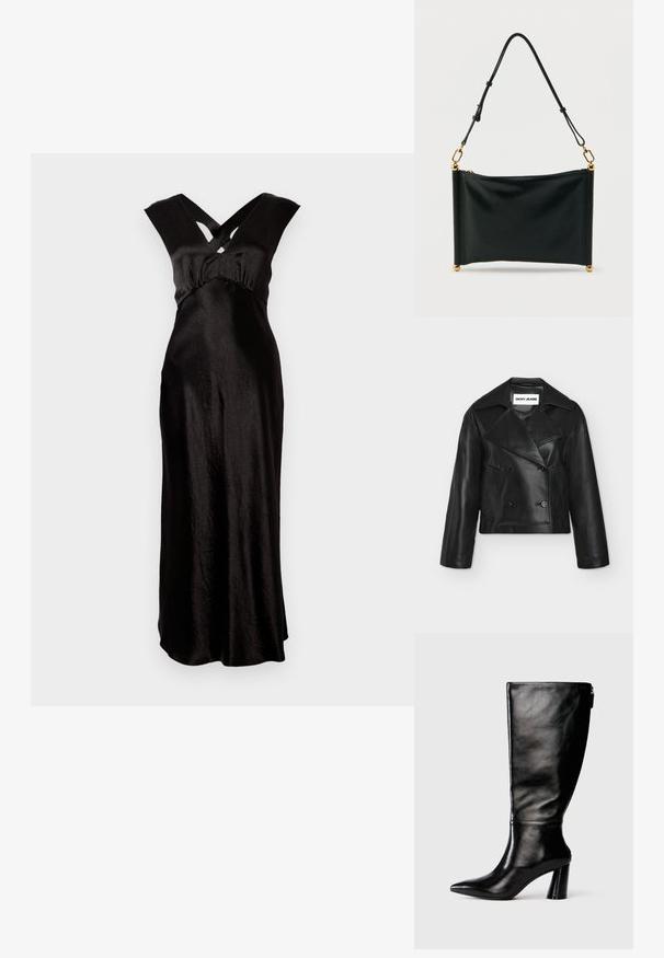 Must nahast lühendatud kahekordse nööpimiskujundusega jakk laiade kraedega ja kahe esitaskuga, krae sees sildiga DKNY Jeans.; Must must dress, mille pikkusega, millel on ristkülikukujuline V-kaelus ja laiad rihmad. Sile tekstuur ja minimaalne kaunistus.; Knee-high musta nahksaabas terava nina, siledat pinnad ja paks konts. Tagaküljel on tõmblukk.; Mustast nahast ristkülikukujuline käekott reguleeritava rihma, kuldsete detailide ja tõmblukuga, seisab valge tausta ees püsti.